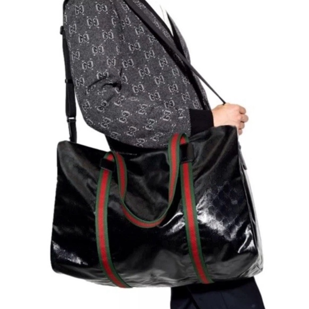 New Gucci Black Crystal Monogram Weekender Duffle Bag With Crossbody Strap - Picture 5 of 6
